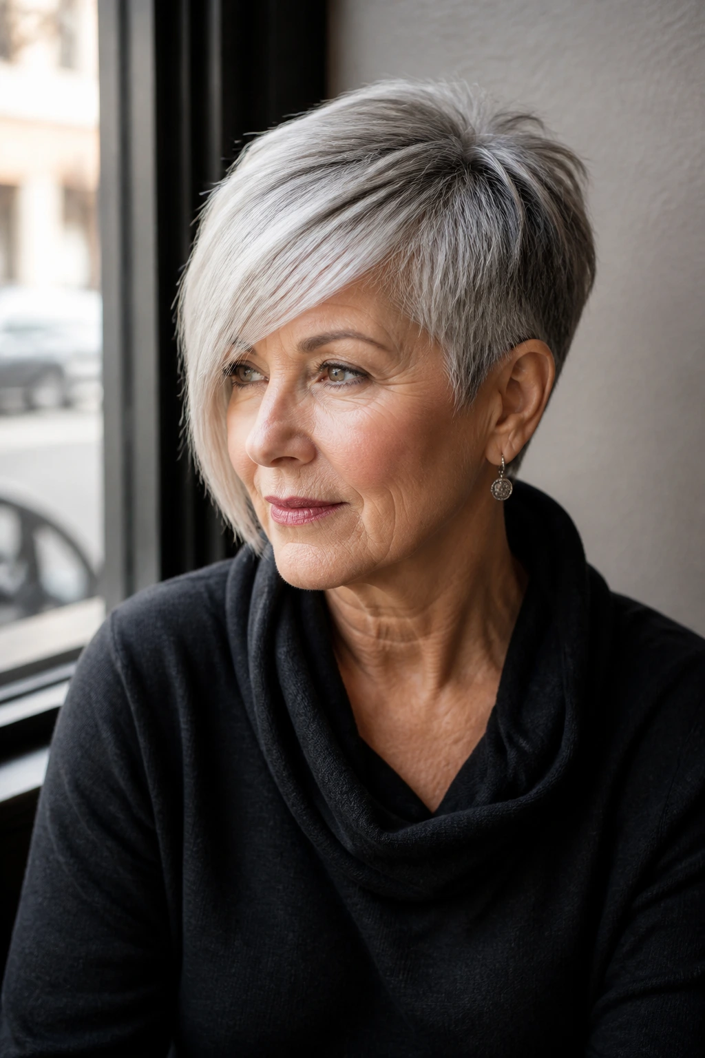 Close-up of a real woman with an asymmetrical pixie and longer sweep across the brow.