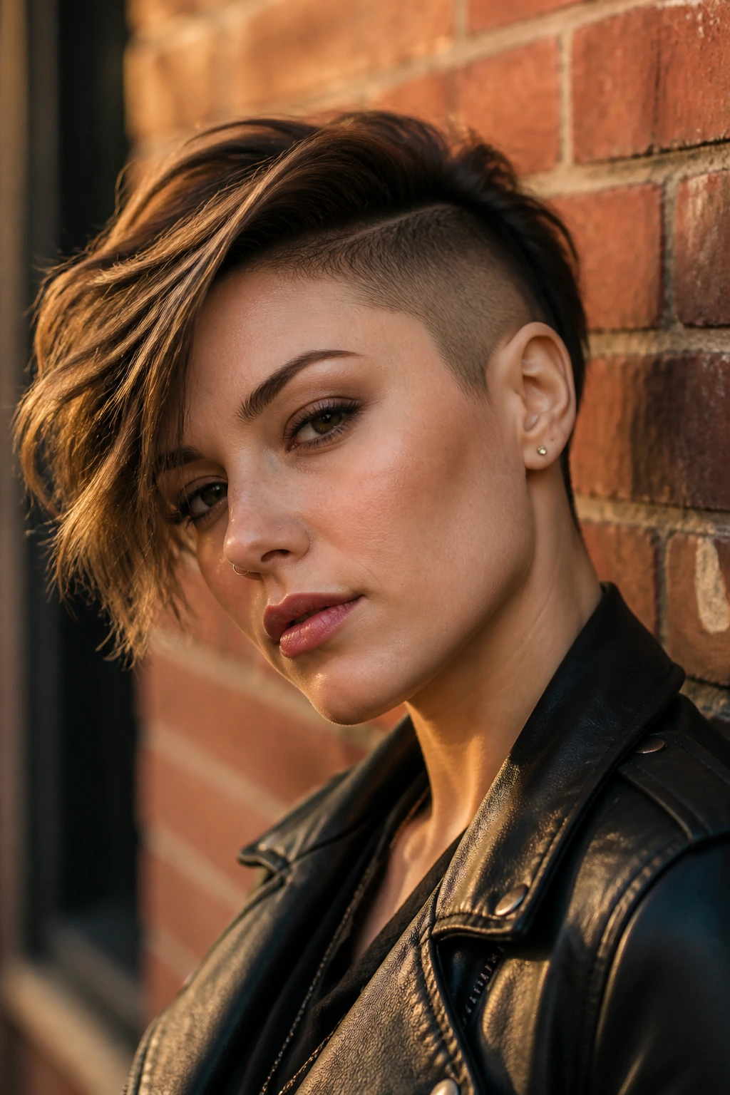 Real person wearing an asymmetrical undercut pixie with a longer side across the forehead.