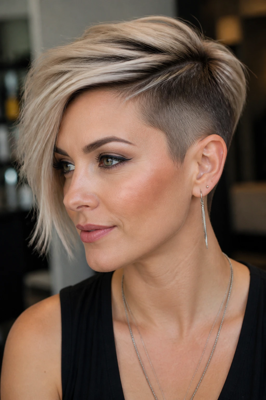 Portrait of a woman with an asymmetrical pixie undercut and long sweep