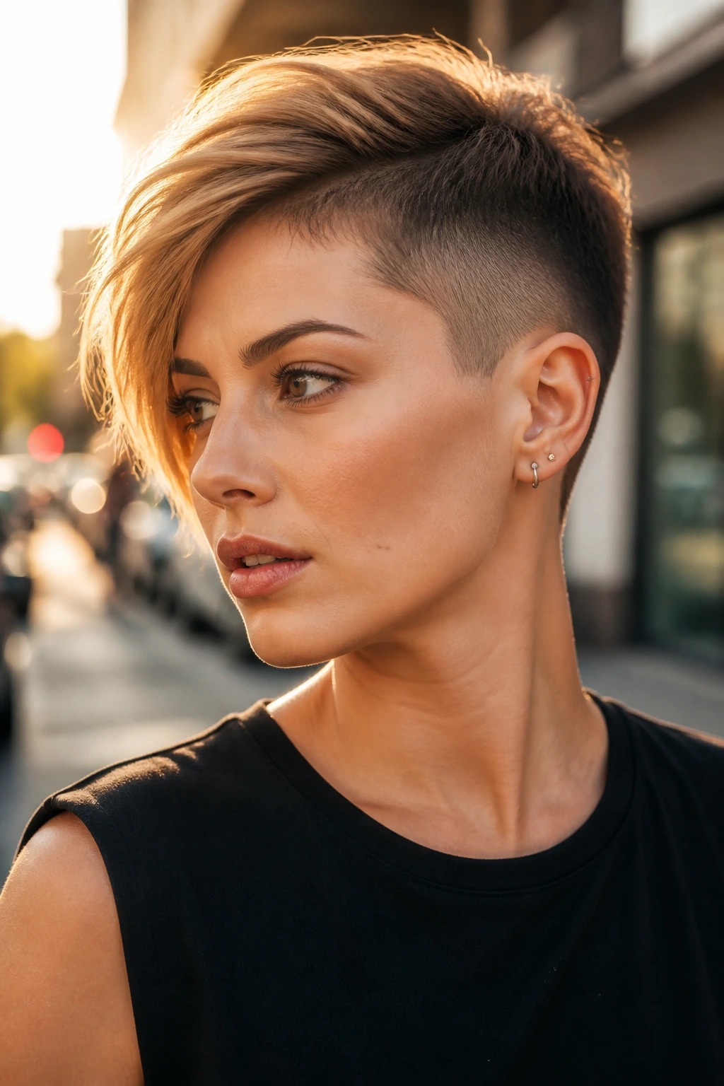 Portrait of a real person with asymmetrical undercut pixie