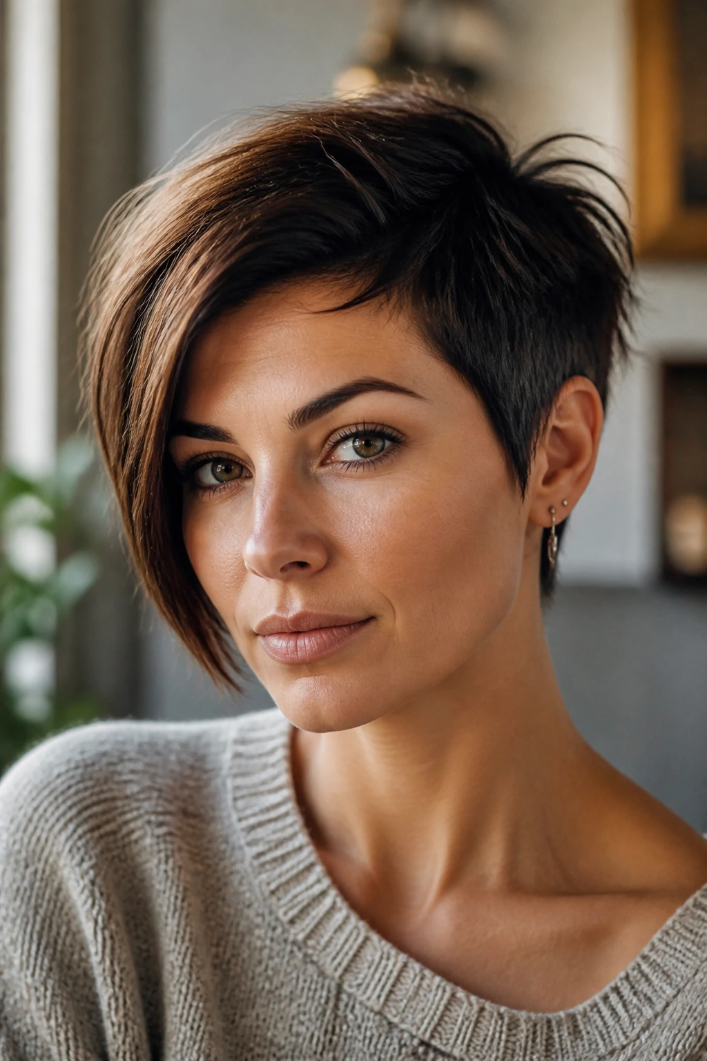 Close-up of a real woman with asymmetrical pixie, one side longer, warm window light