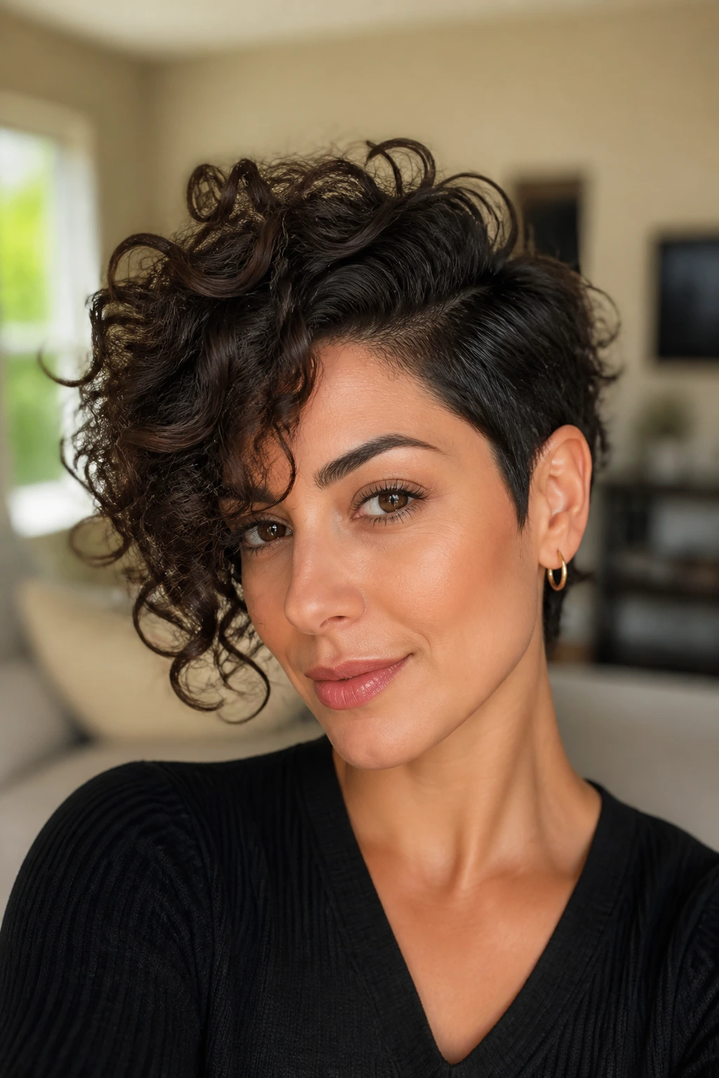 Close-up portrait of a real woman with asymmetrical pixie wolf cut featuring a longer temple piece.