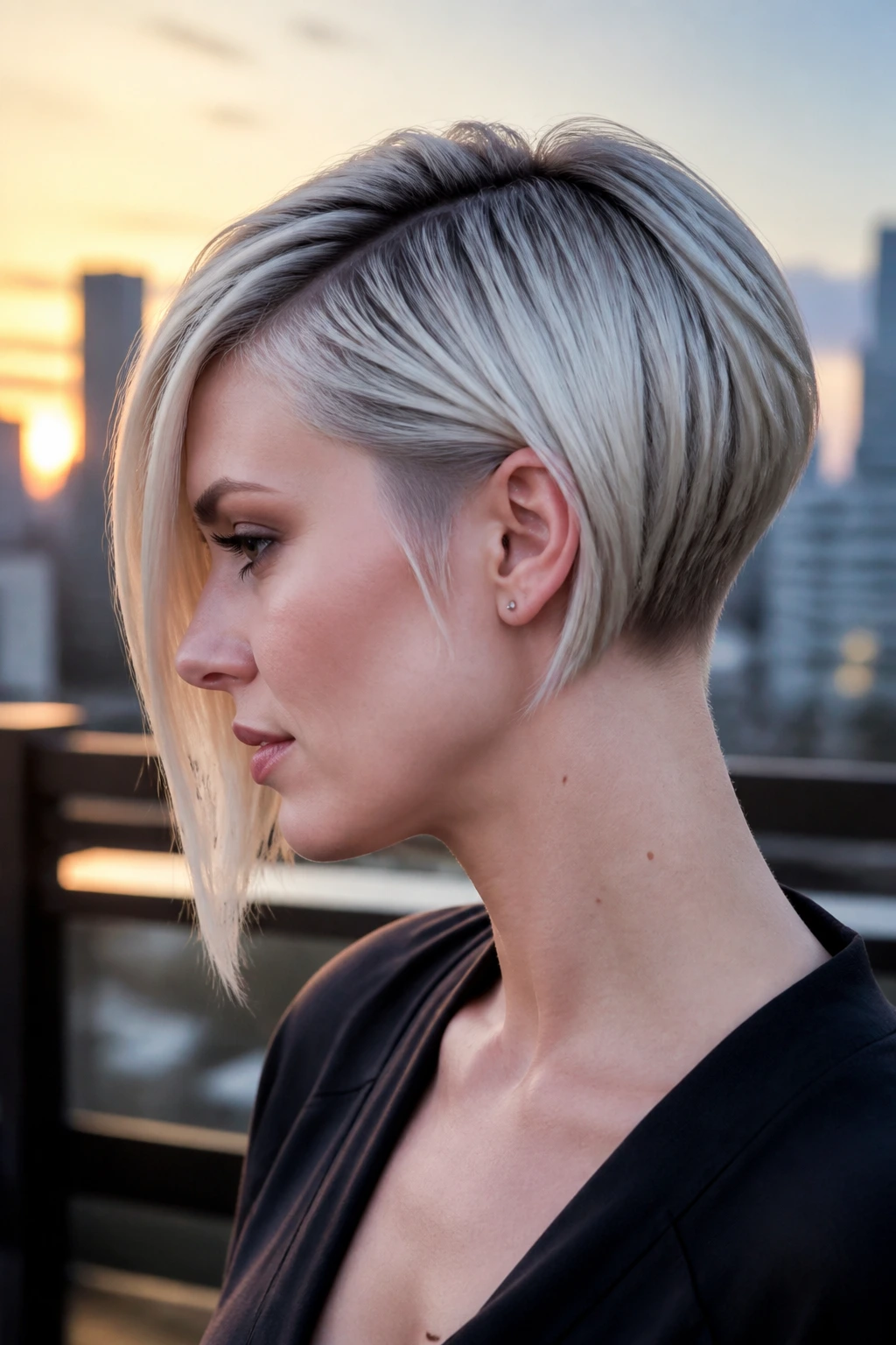 Side-profile of a pale-skinned model with an asymmetrical platinum bob
