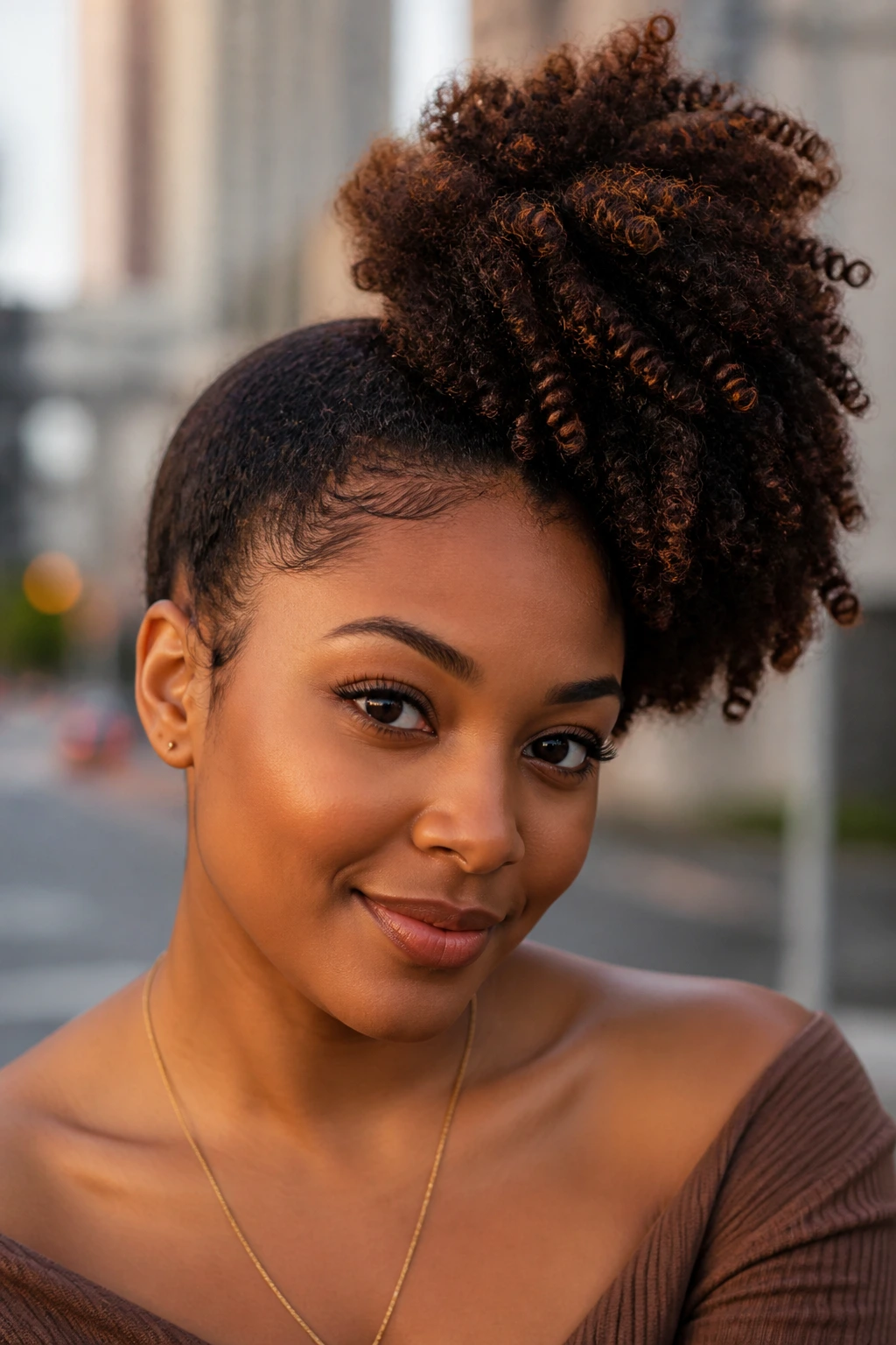 Close-up of a real woman with an off-center asymmetrical puff