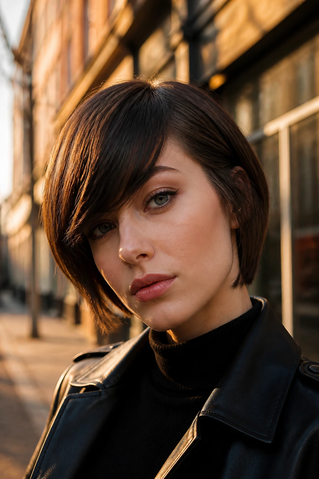 Close-up of a real woman with asymmetrical retro fringe and mod vibe.
