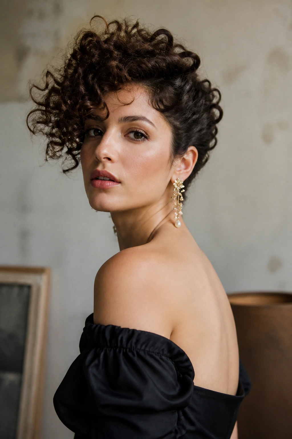 3/4 portrait of a real woman with off-center asymmetrical sculpted updo