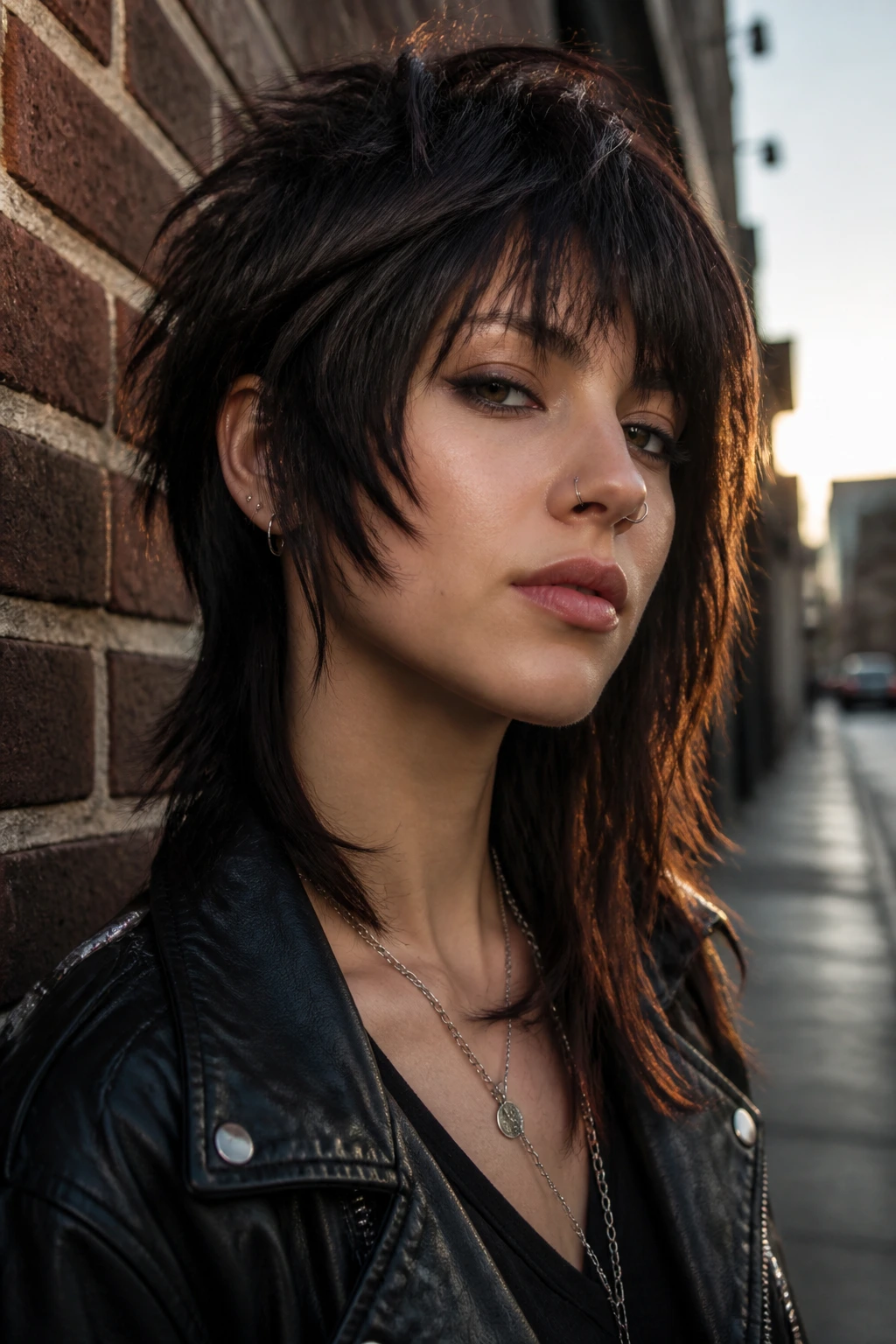 Asymmetrical shag close-up portrait on a real person with uneven front and lifted crown