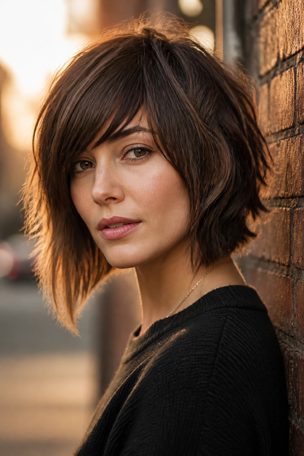 Close-up portrait of a real woman with an asymmetrical shag bob and angled bangs