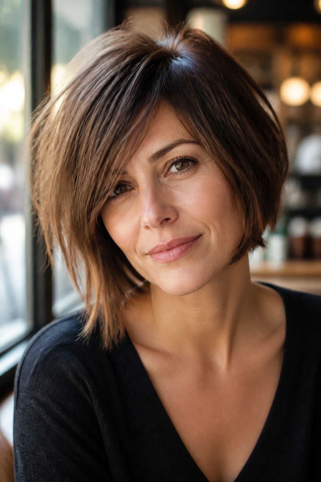 Close-up portrait of a real woman with an asymmetrical shag bob emphasizing a longer side and jawline.