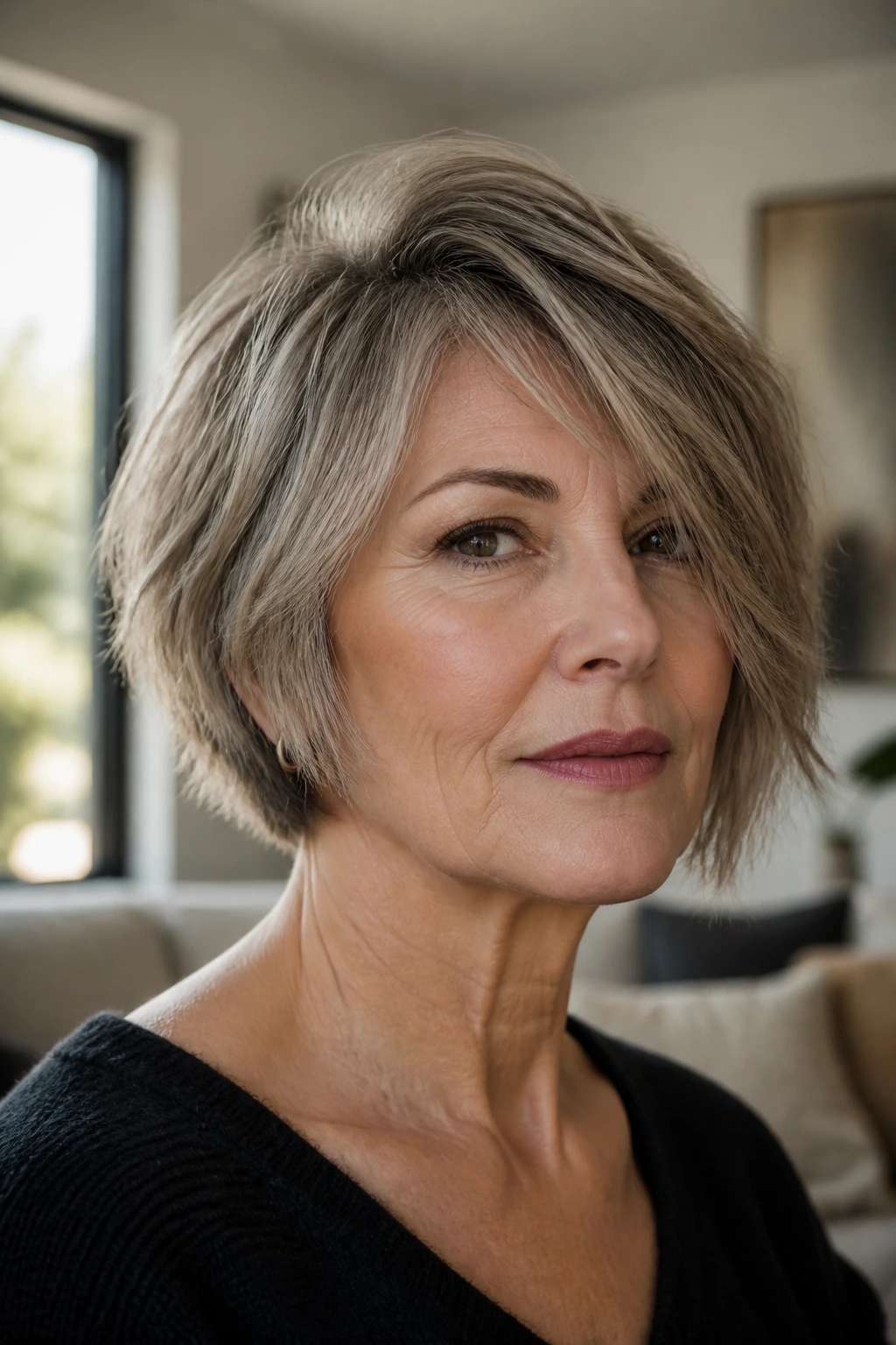 Close-up of real woman with asymmetrical shag bob softening jawline in natural light
