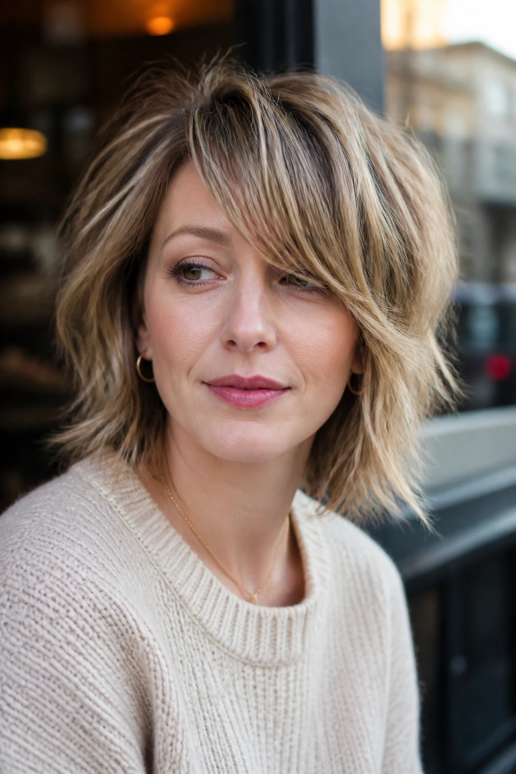 Close-up of asymmetrical shag bob on a real woman under daylight