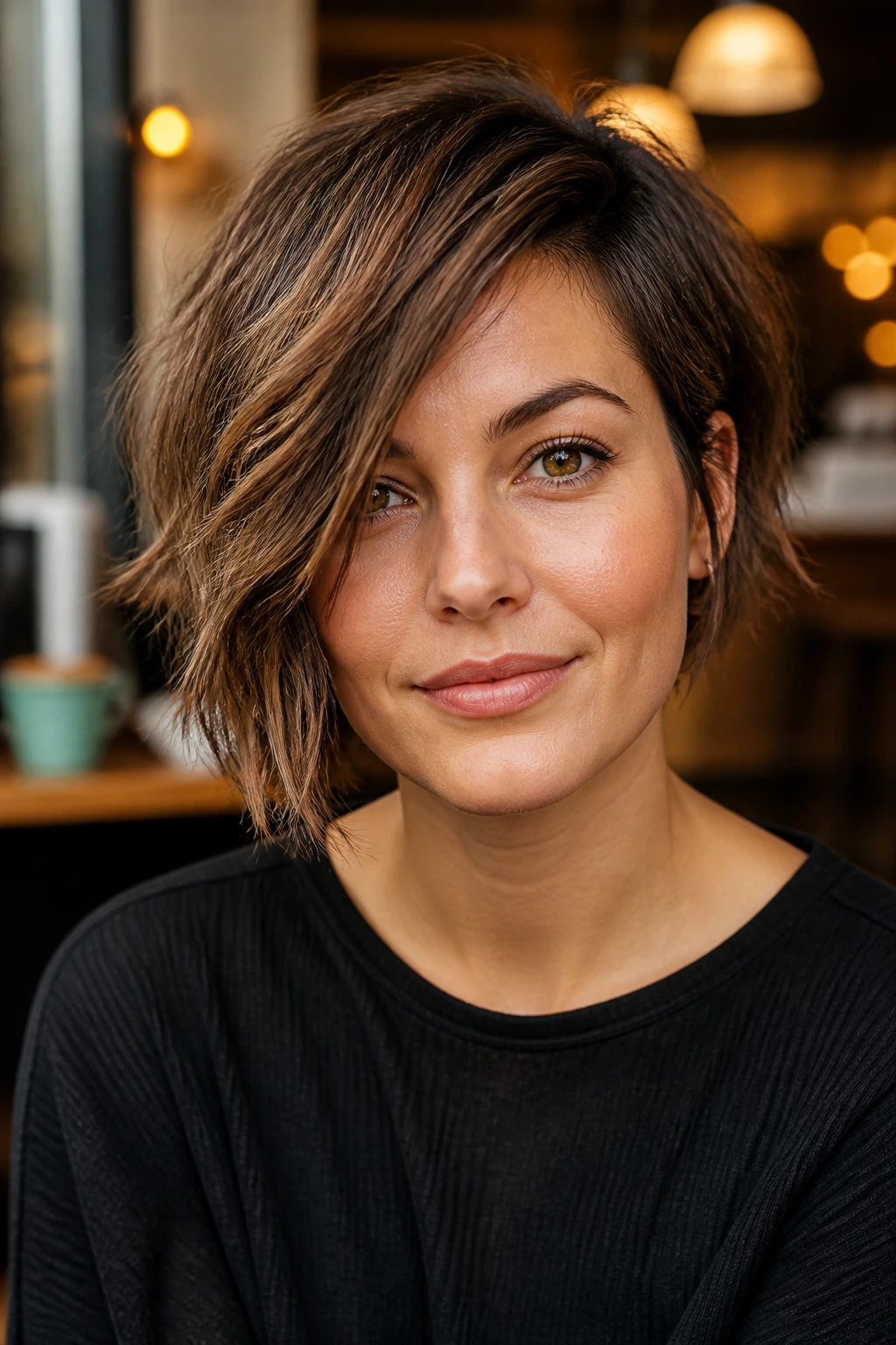 Close-up of real person with asymmetrical shag bob in cafe