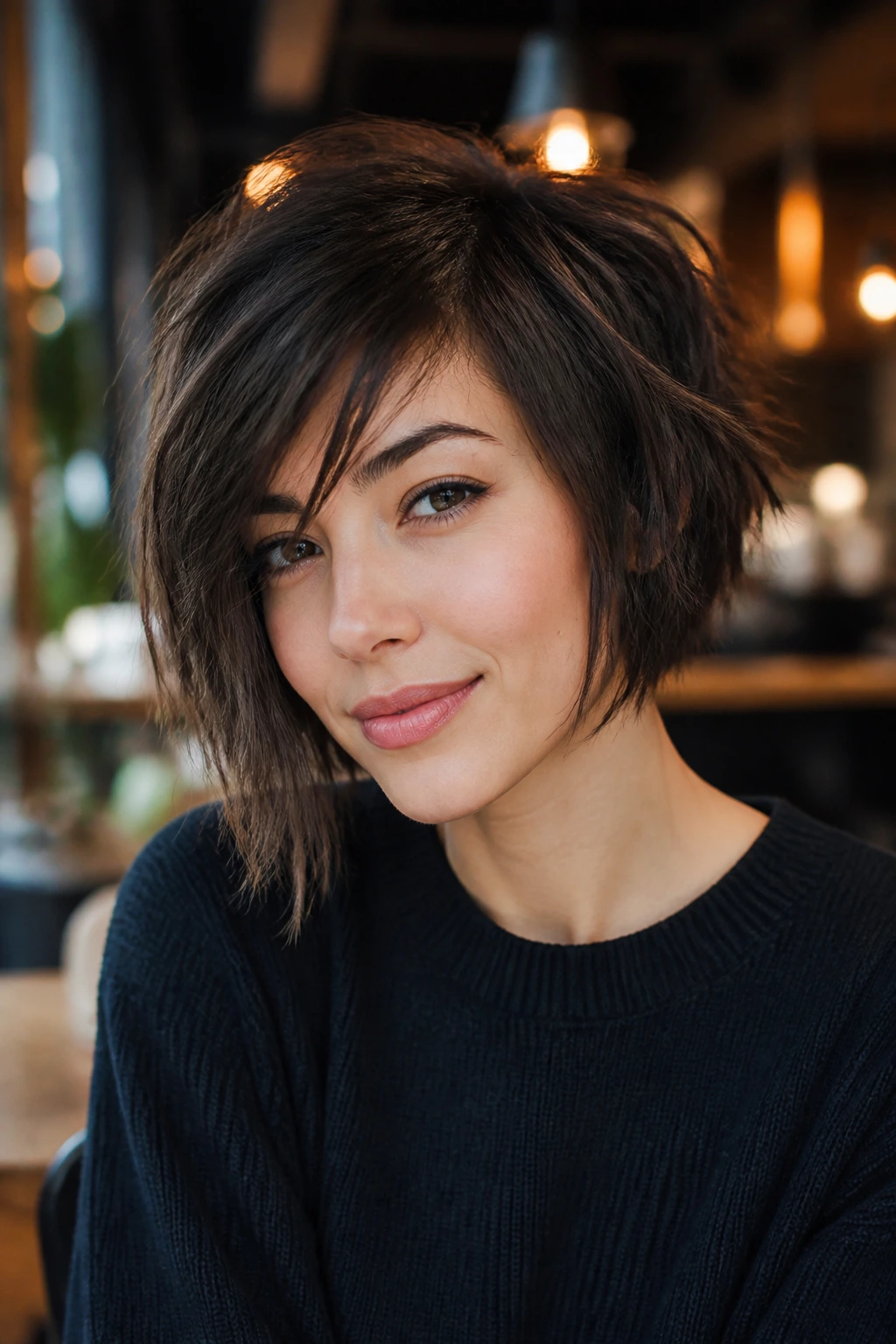 Close-up portrait of a real person with asymmetrical shag bob in warm cafe light
