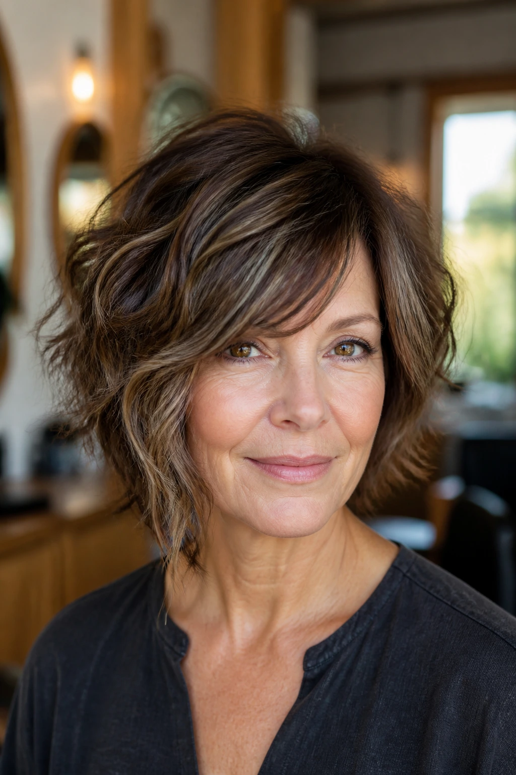 Close-up portrait of a real woman with an asymmetrical bob shag and diagonal line.