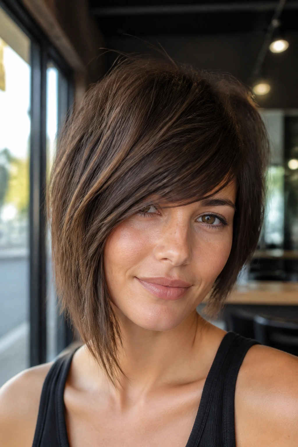 Close-up portrait of a real woman with an asymmetrical shag bob and side-swept fringe in warm window light.