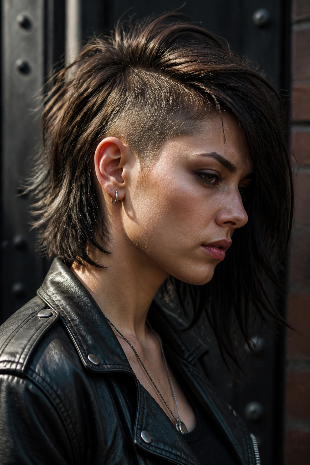Close-up portrait of a real person with a jaw-skimming asymmetrical shag and buzzed temple