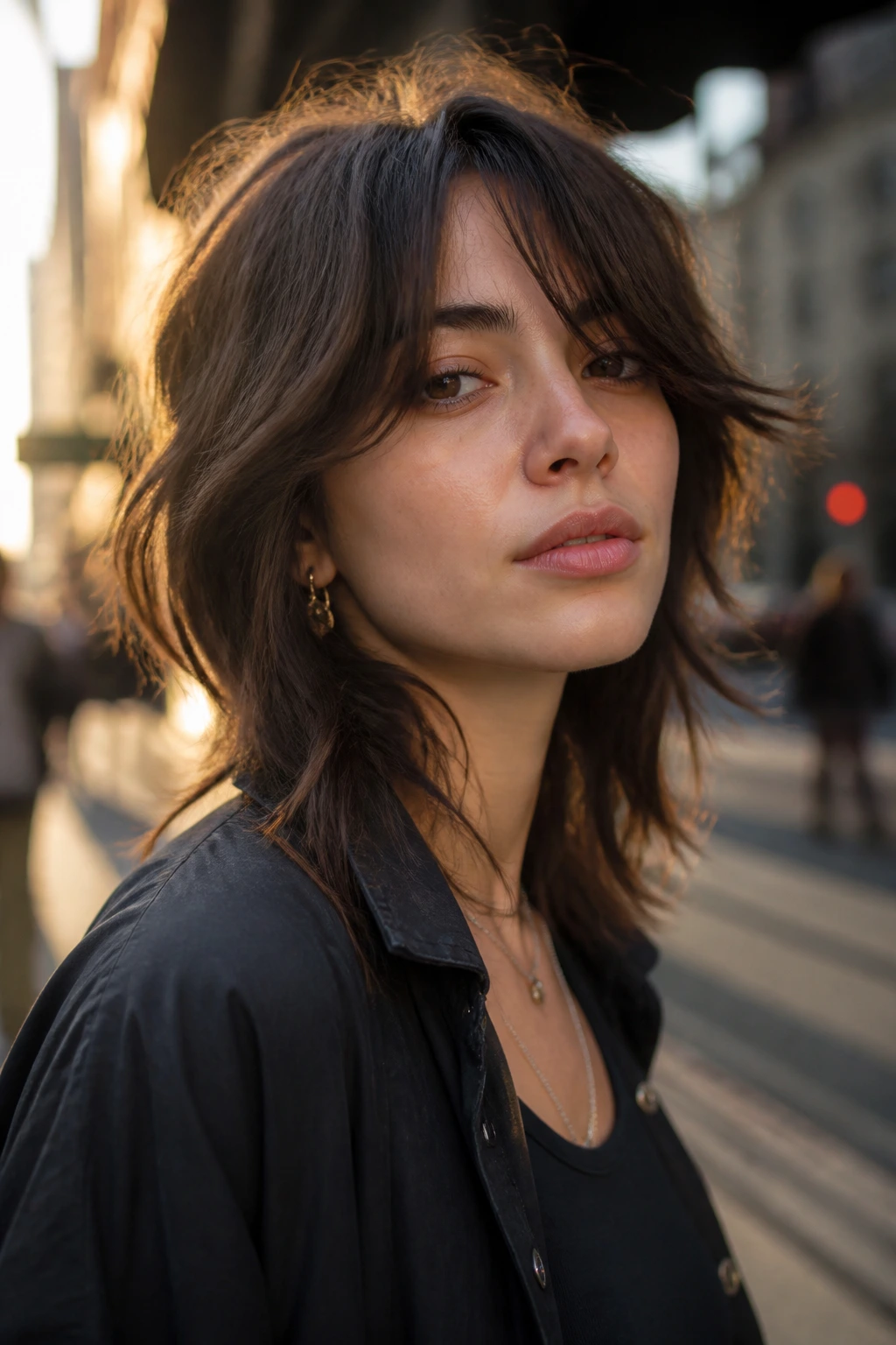 Close-up of a real person with asymmetrical shag and curtain sweep in golden hour street light.