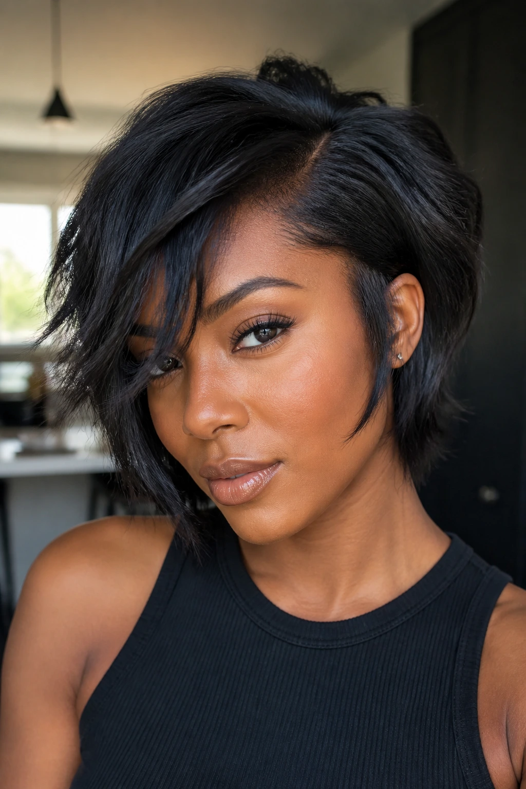 Close-up portrait of a real Black woman with an asymmetrical shag and deep side part