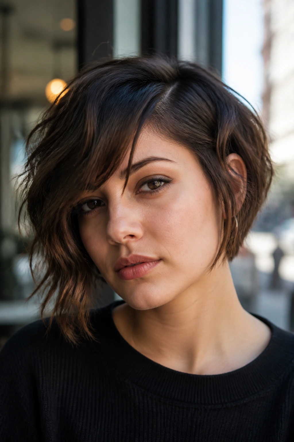 Close-up of a real woman with an asymmetrical shag bob and deep side part in natural morning light
