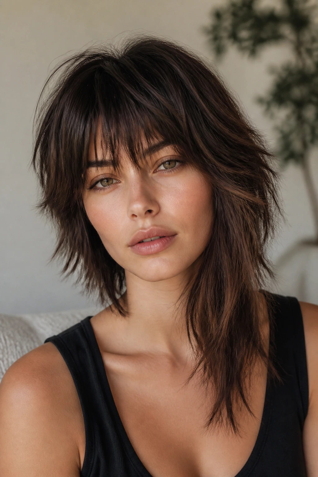 Real person with an asymmetrical shag and fringy ends.