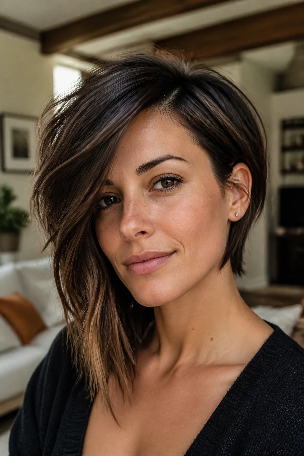 Close-up portrait of a real woman with an asymmetrical shag hairstyle, longer diagonal side and softer shorter side