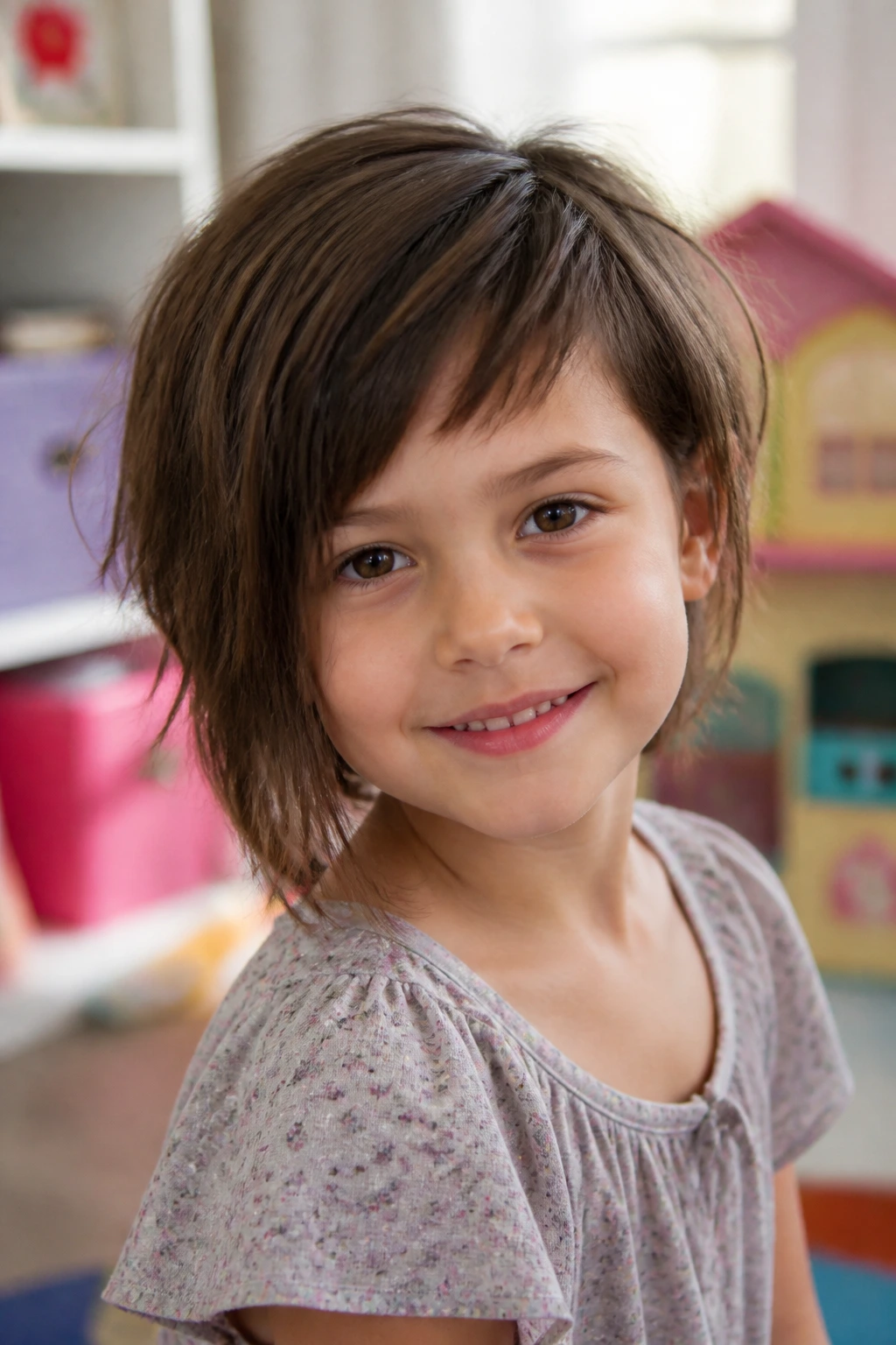 Portrait of a child with a playful asymmetrical shag hairstyle featuring a longer side