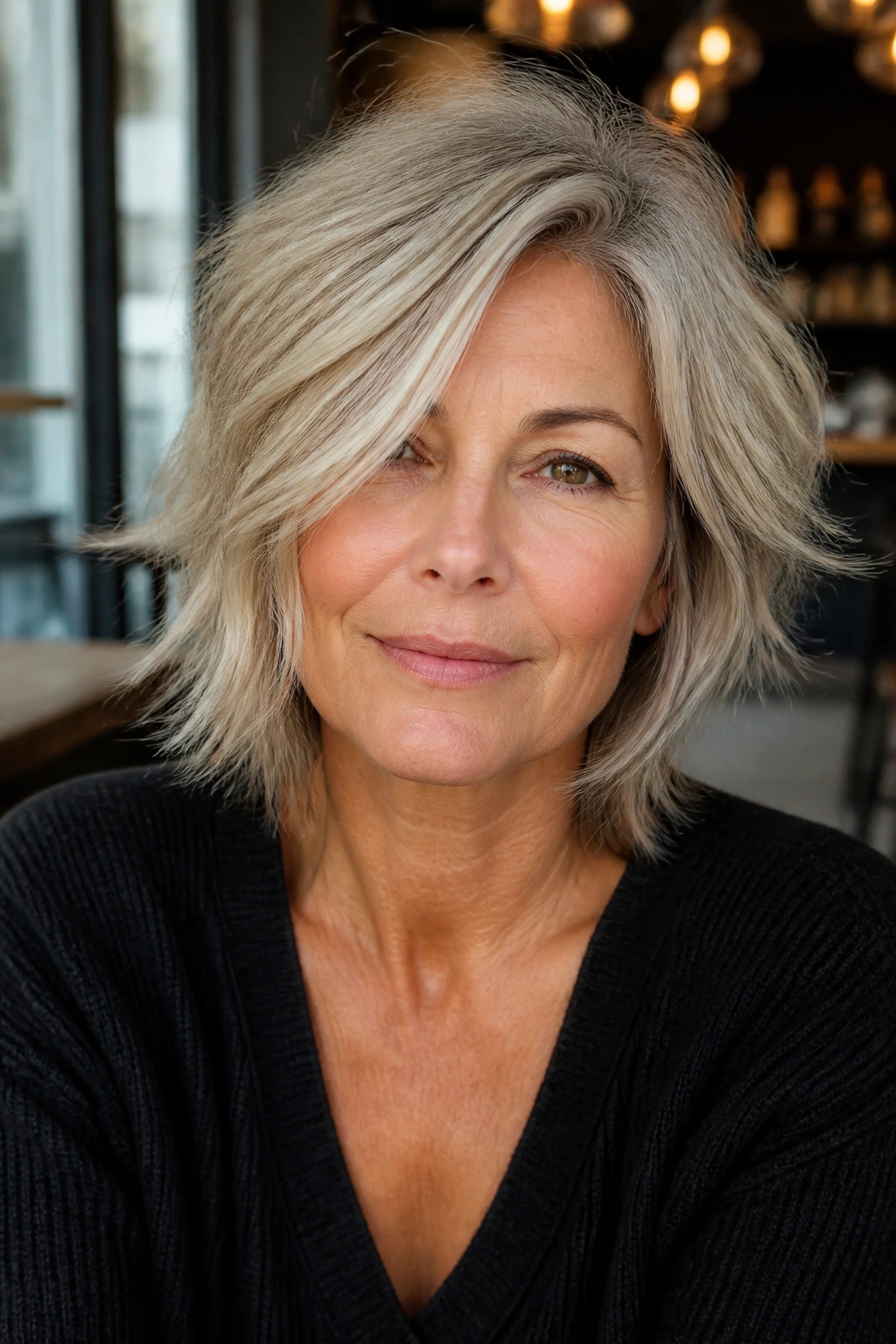 Real woman with asymmetrical shag and off-center part emphasizing directional front layers