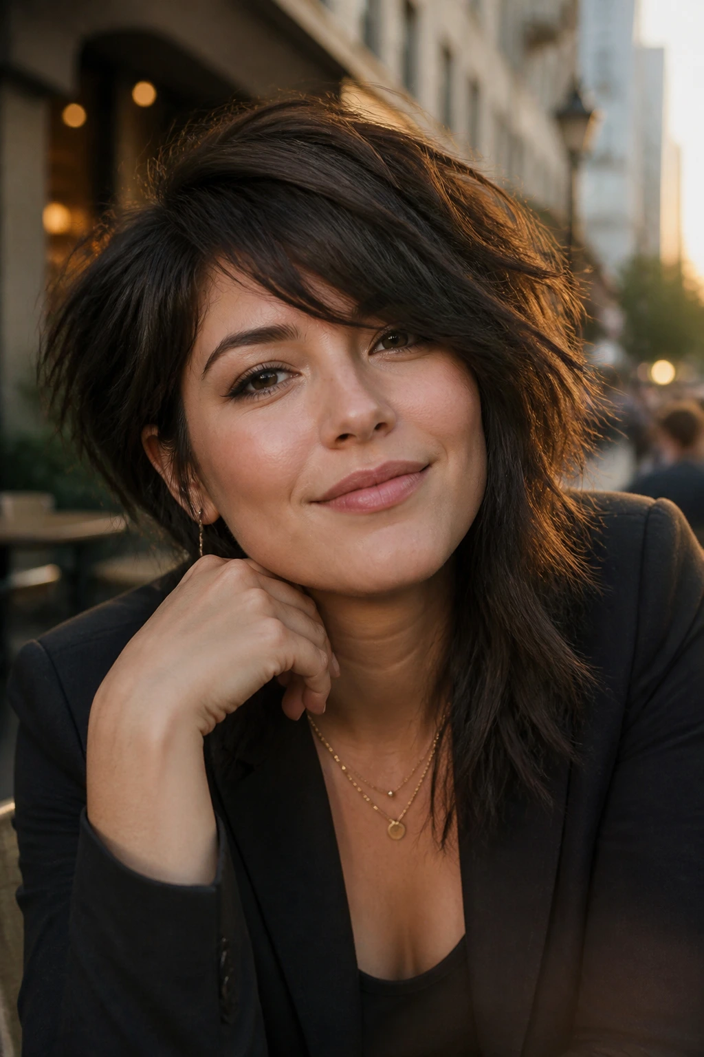 Close-up of a real woman with asymmetrical shag one-sided drama