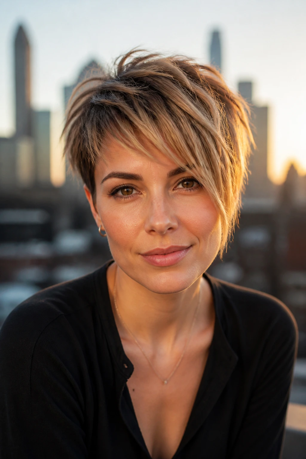 Portrait of a real person with asymmetrical shag pixie against city rooftop