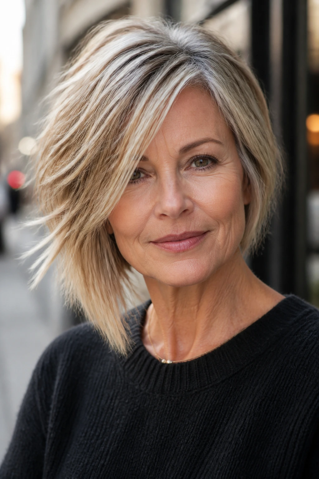 Real woman with asymmetrical shag hairstyle on a street setting