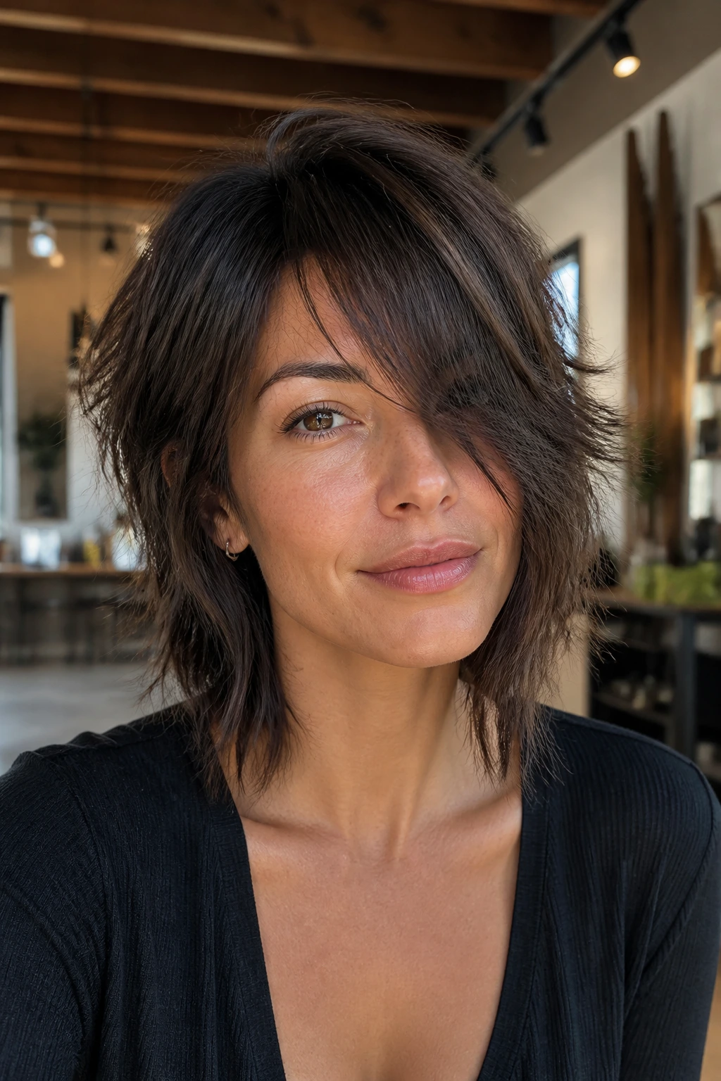 Close-up portrait of a real woman with an asymmetrical shag in a softly lit salon.