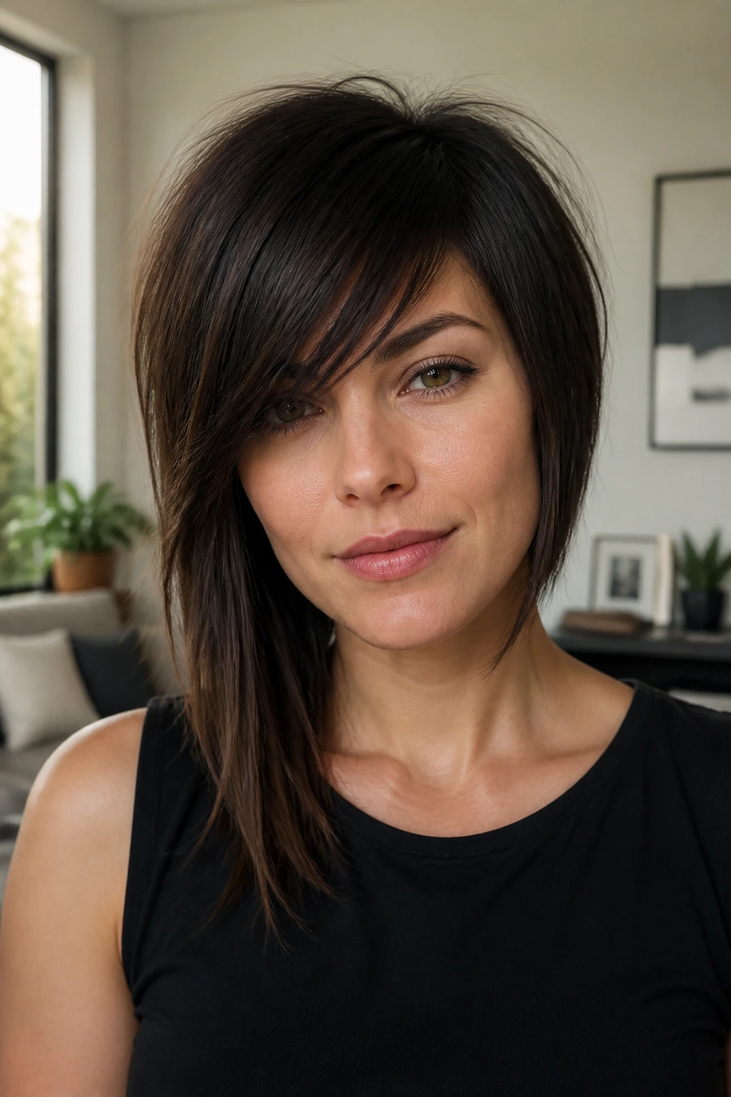 Close-up of a real woman with asymmetrical shag and side bangs in natural window light