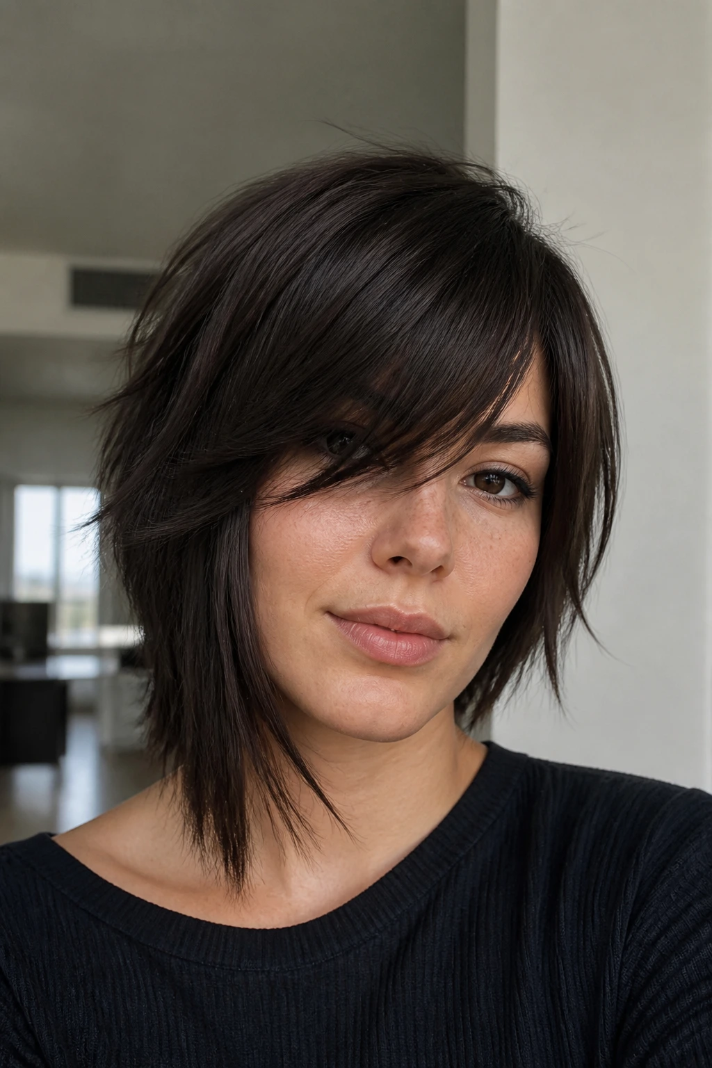 Real woman with asymmetrical shag and sweeping bangs facing camera.