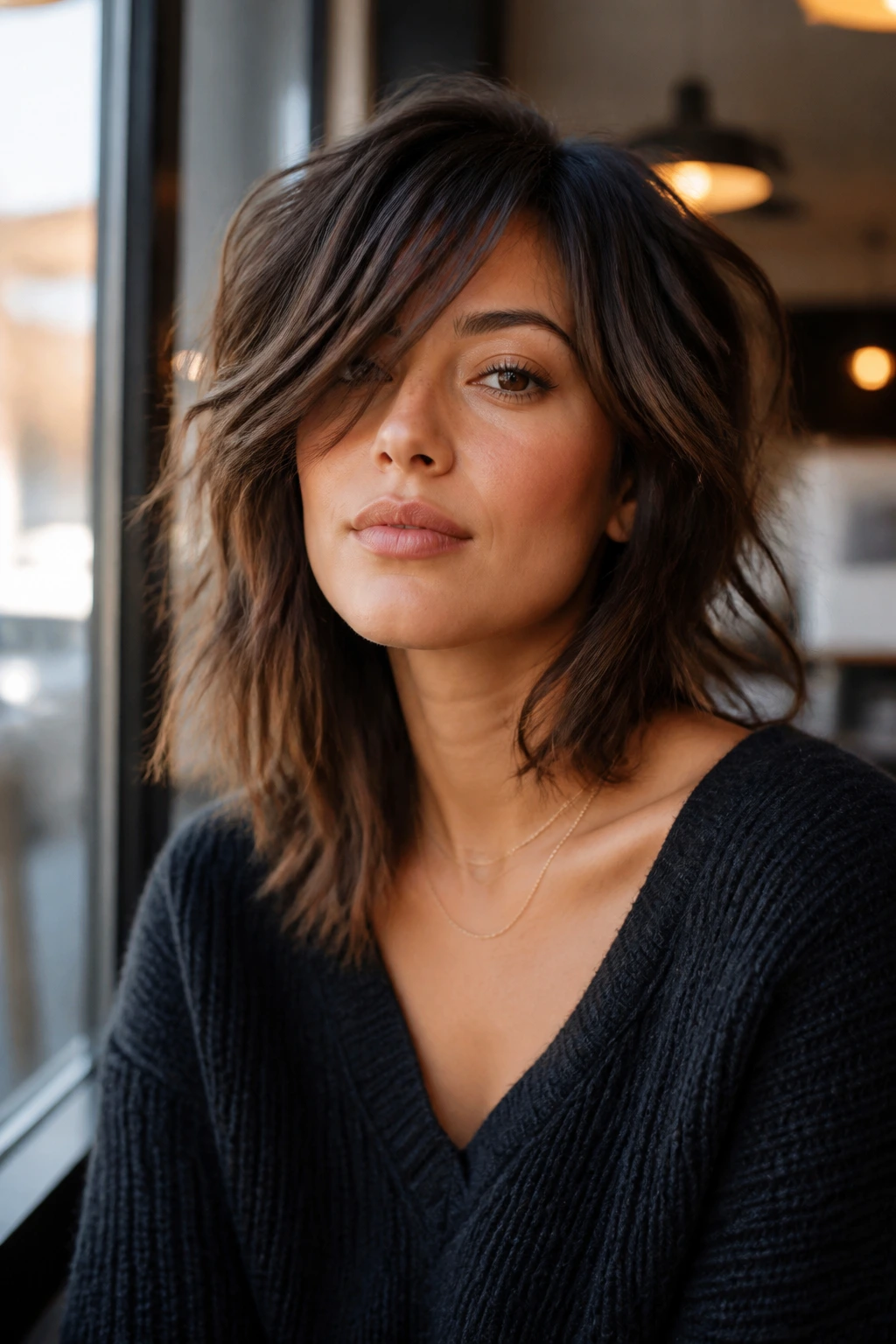 Front-facing real woman with asymmetrical shag in cafe-window light