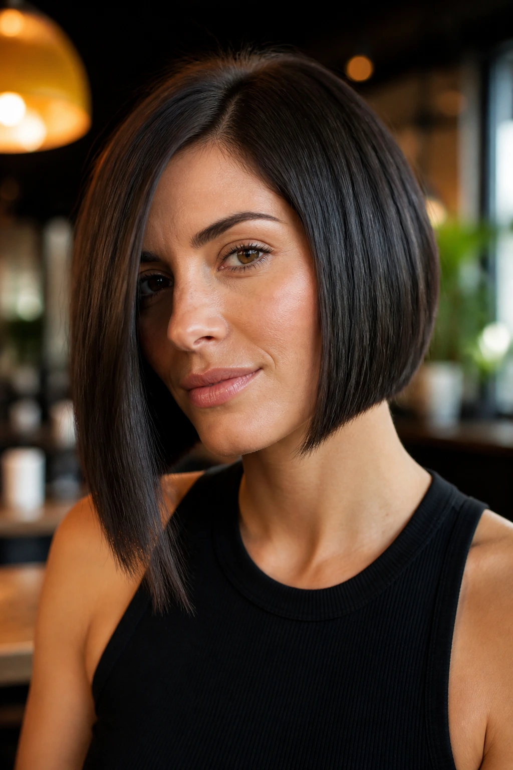 Close-up portrait of a real woman with an asymmetrical sharp bob.