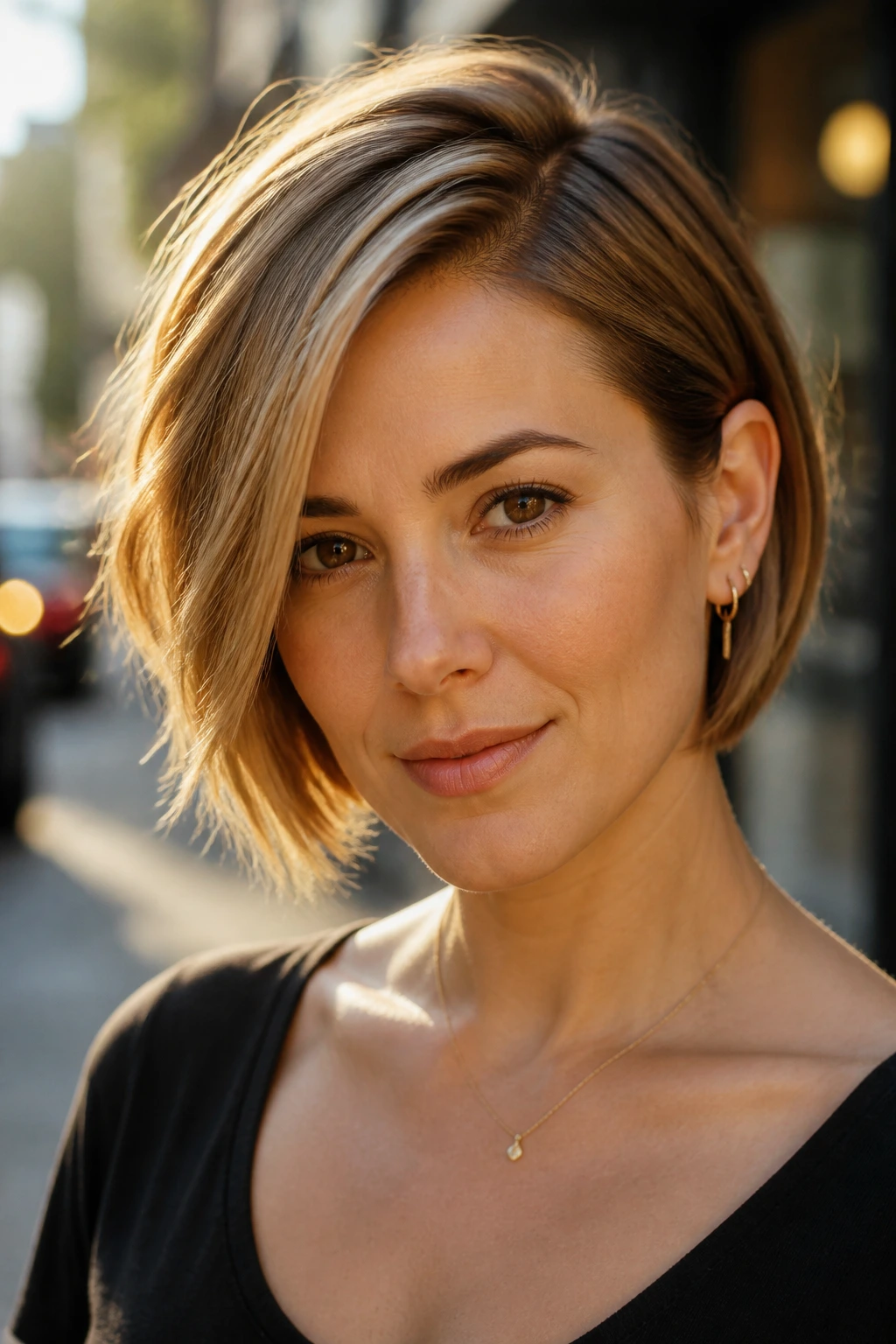 Portrait of asymmetrical short bob with deep side part