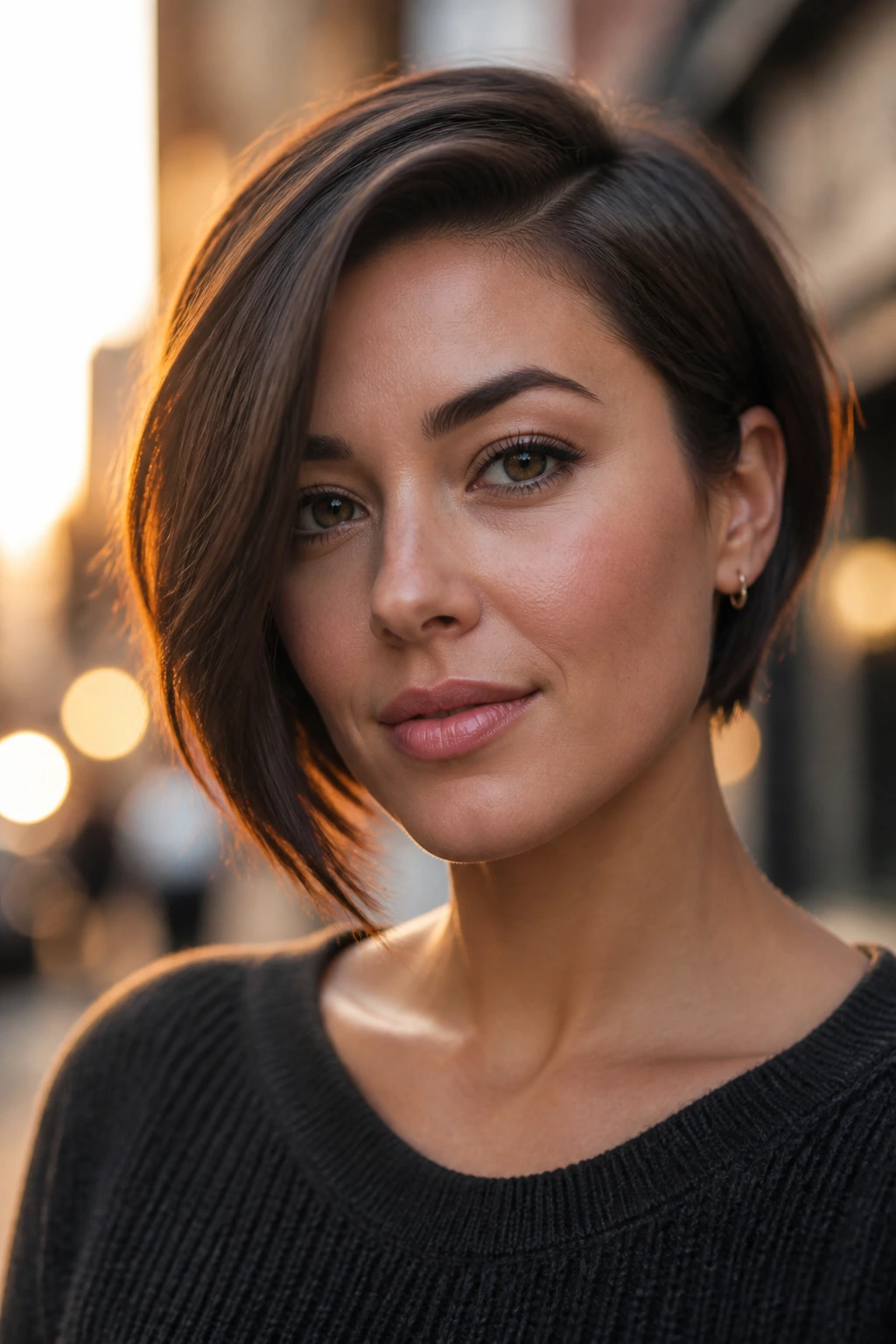 Portrait of a woman with an asymmetrical short bob showing a diagonal longer side framing the face in golden hour light.