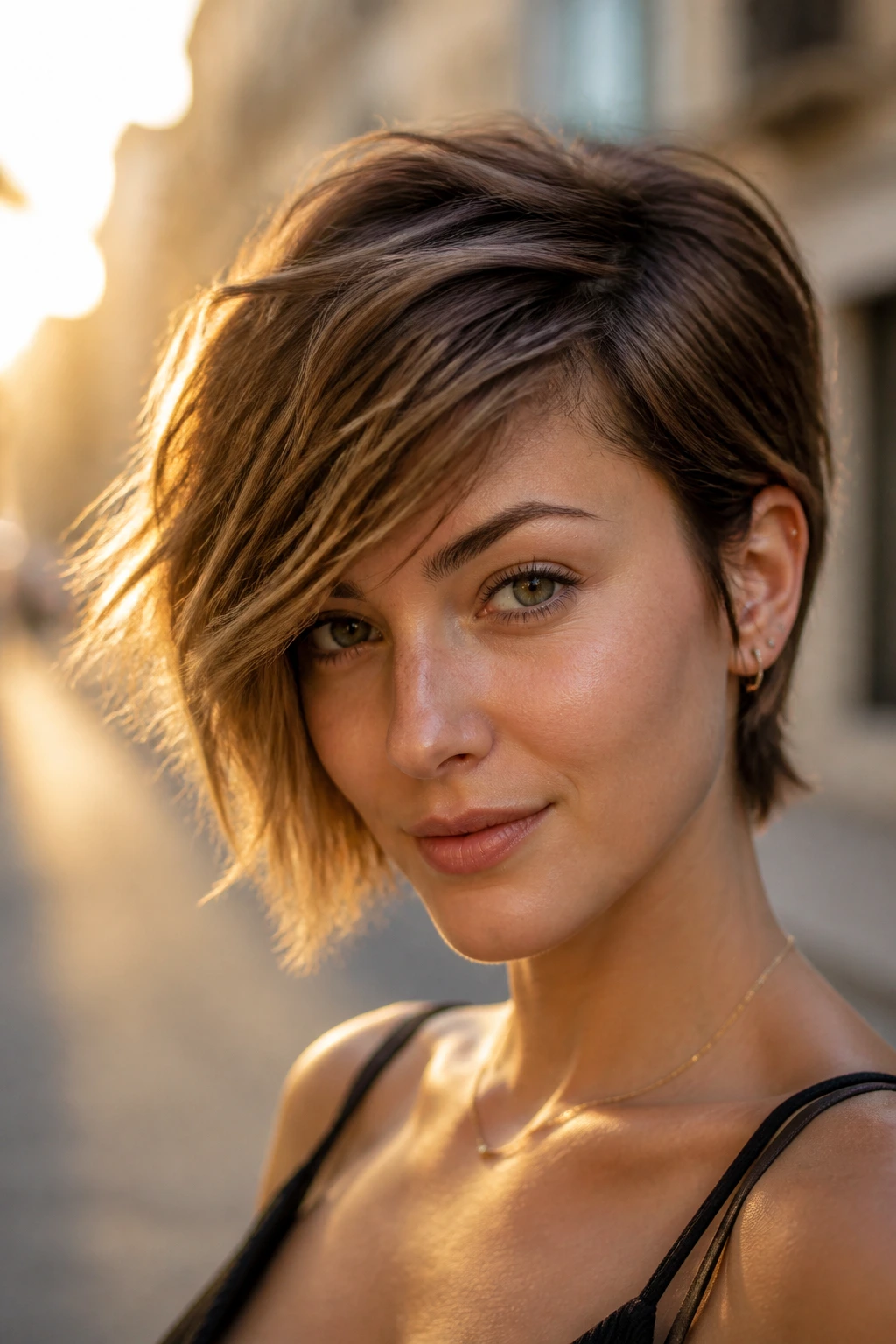 Close-up real person with asymmetrical short shag during golden hour
