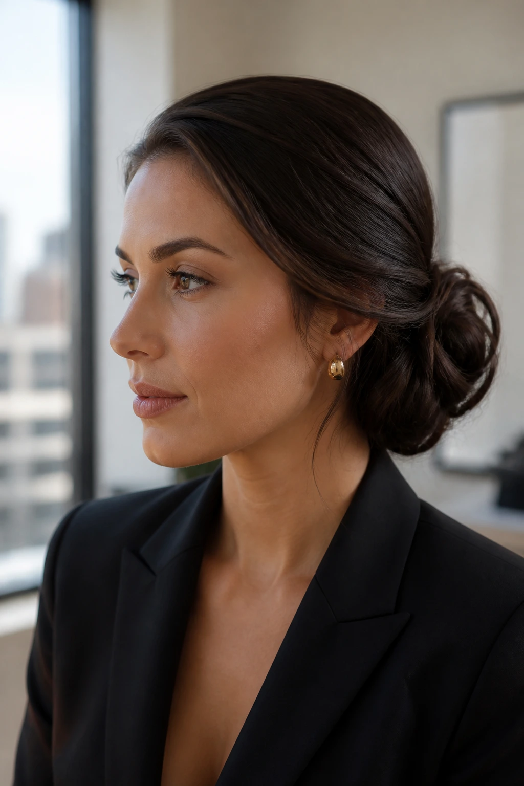 Close-up of a woman with an asymmetrical side bun at the nape in an office