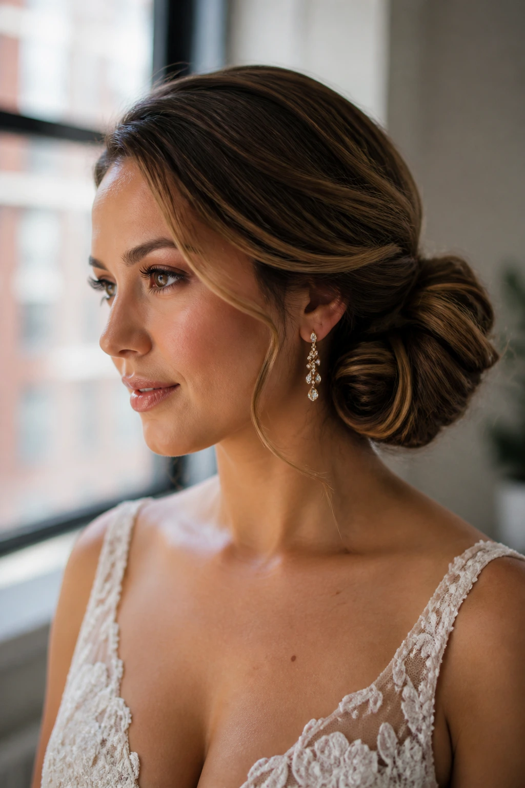 Close-up of Asymmetrical Side Knot Bun on a real bride with uneven volume