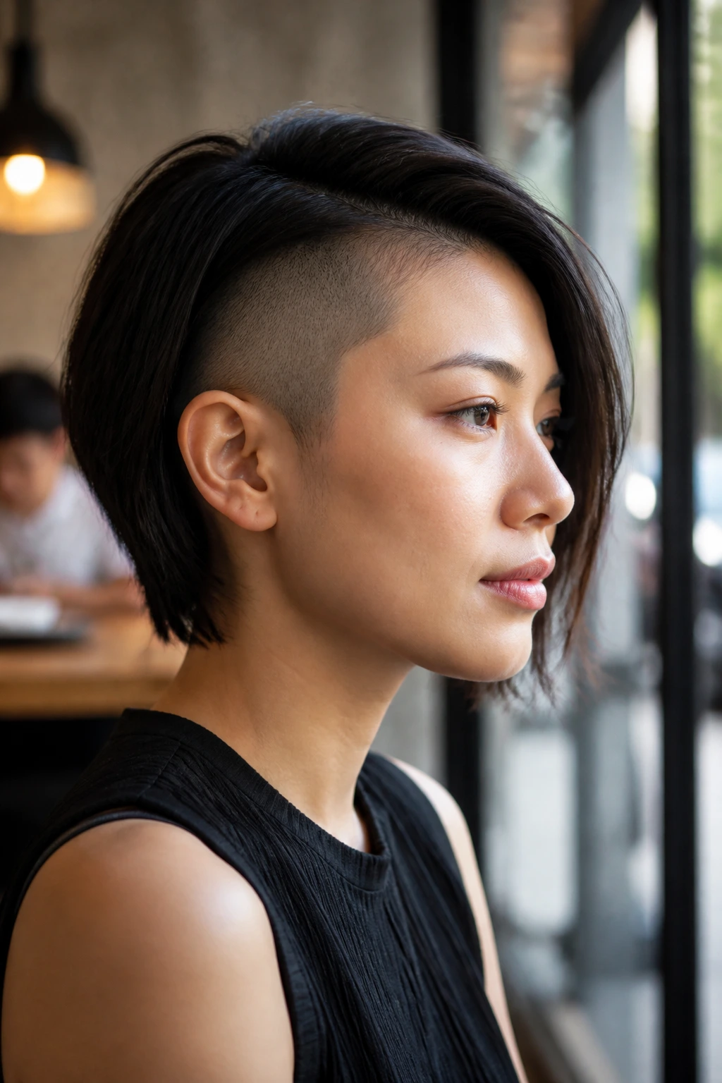 Portrait of an Asian woman with an asymmetrical side-shave bob