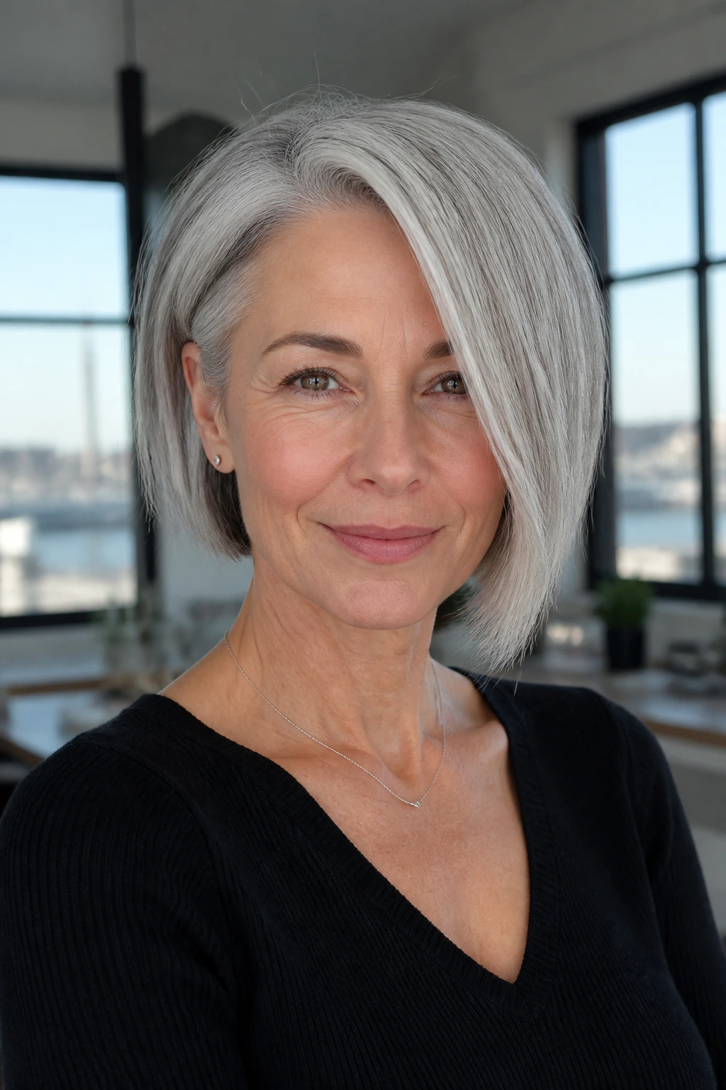 Portrait of a real woman with an asymmetrical silver bob
