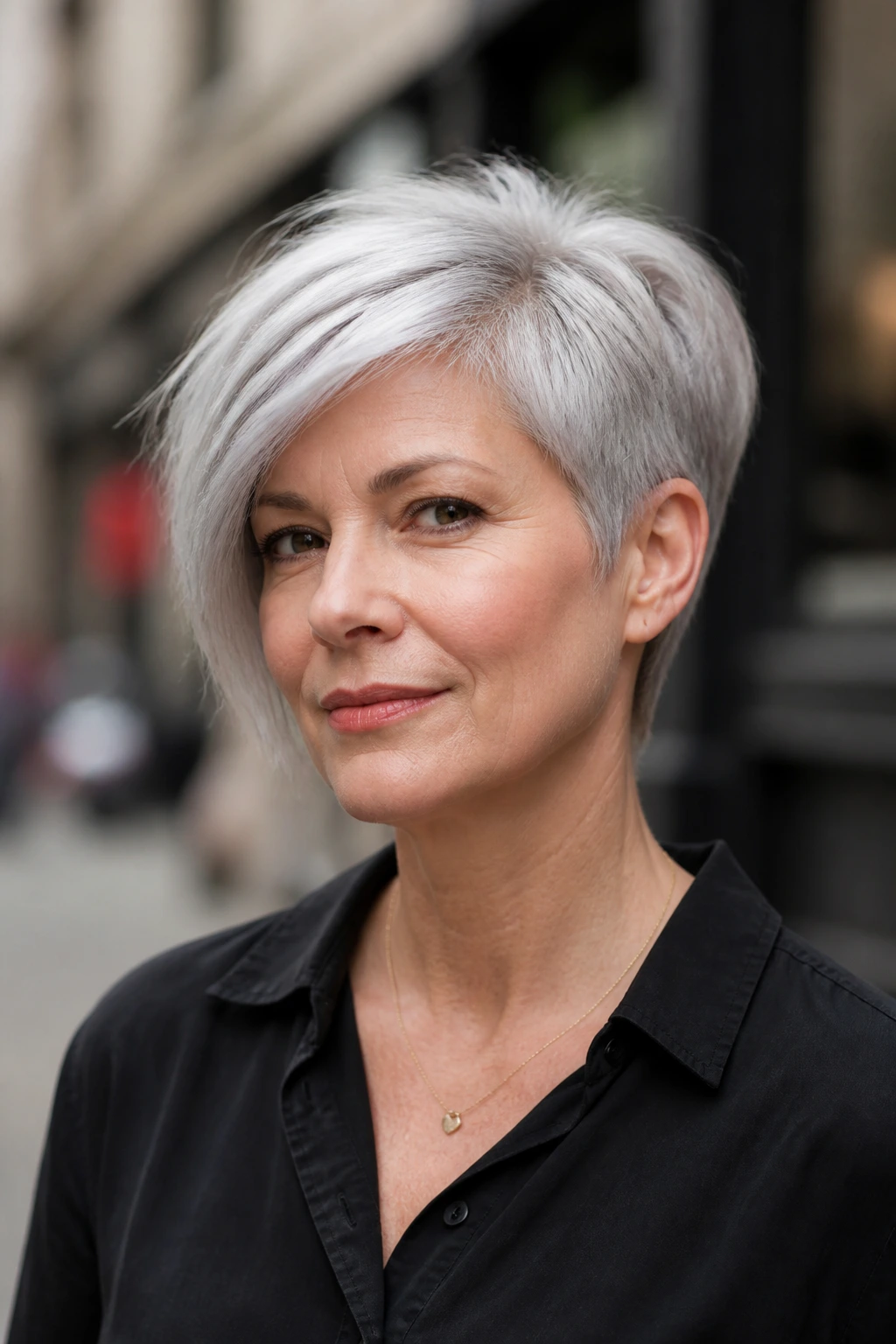 Close-up portrait of a real woman with an Asymmetrical Silver Crop, short silver hair with longer side