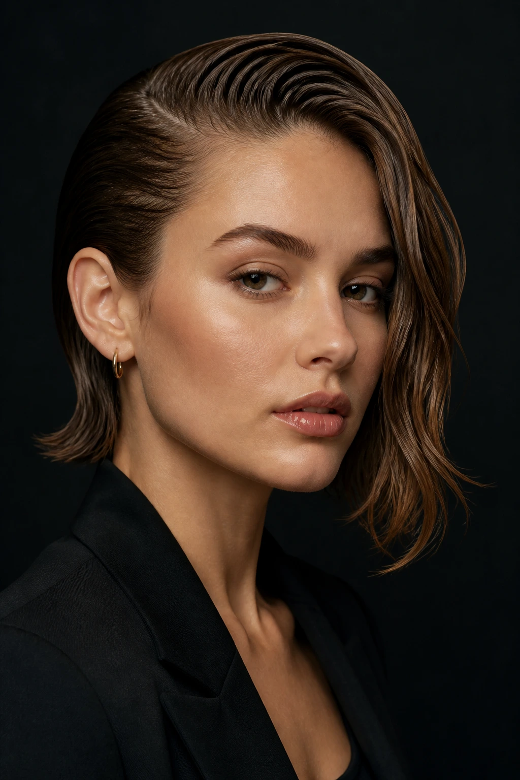 Close-up of a real woman's asymmetrical slick back hairstyle