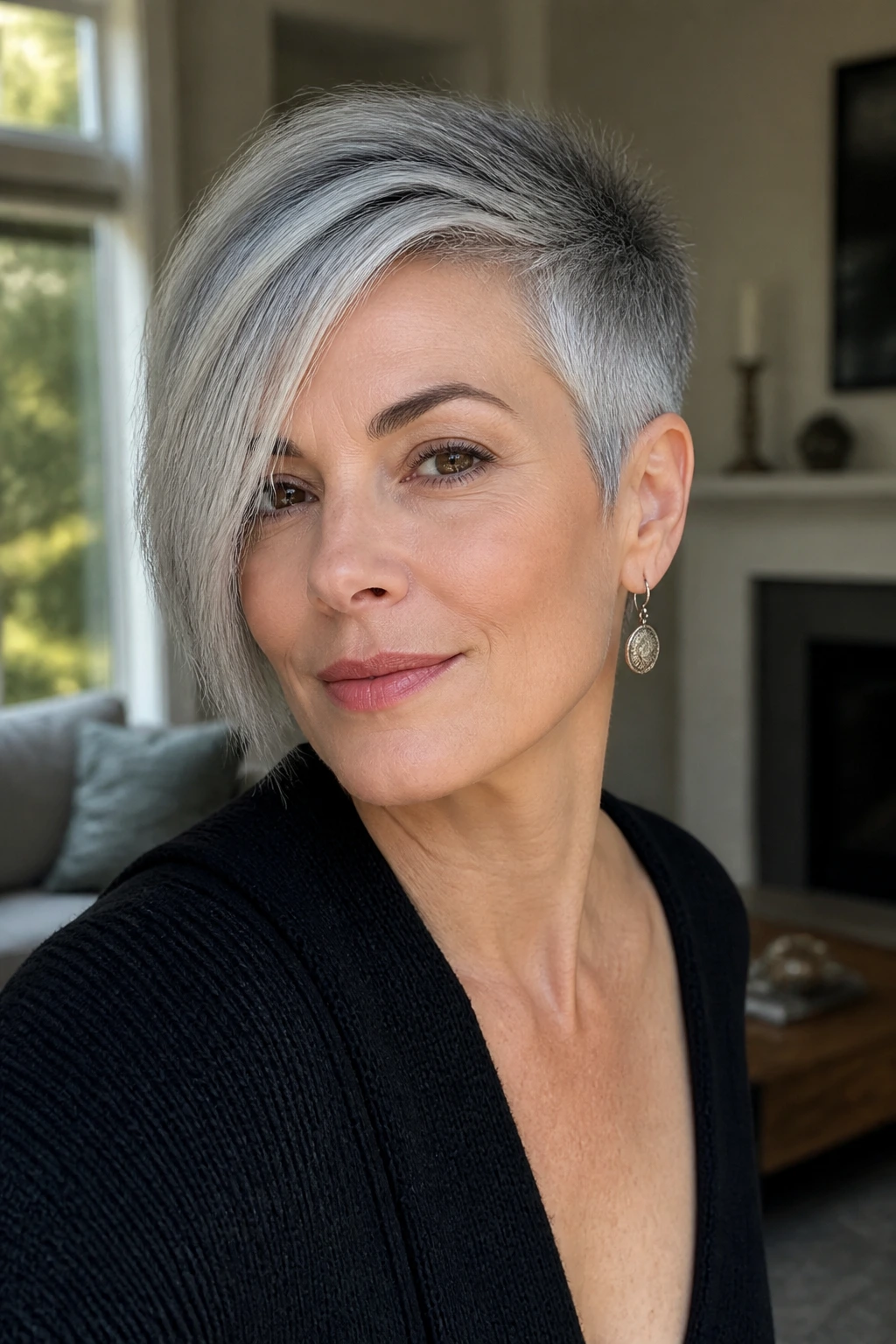 Close-up portrait of a real woman with an asymmetrical smoke crop gray hairstyle