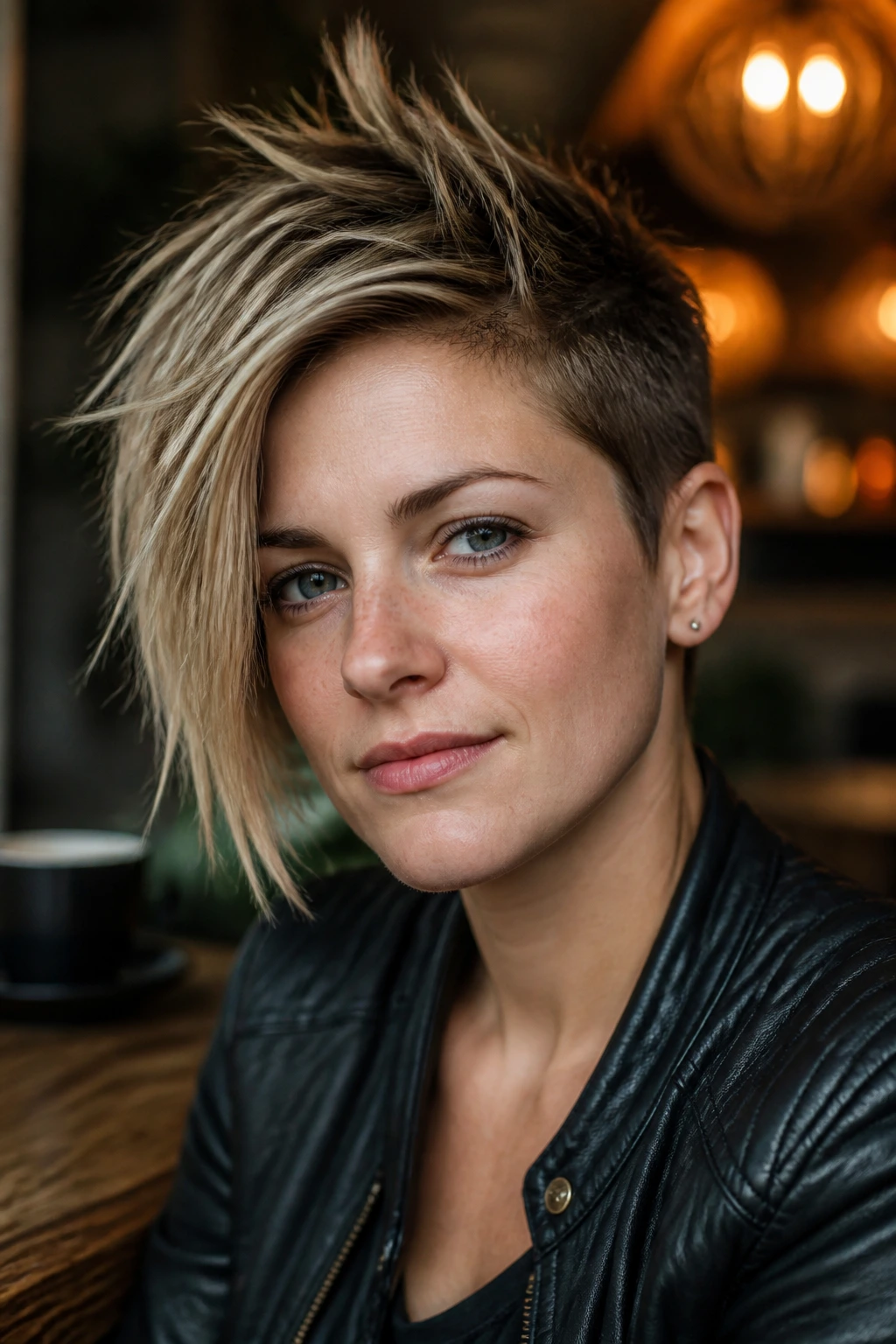 Close-up portrait of a real woman with an asymmetrical spiky bob and lifted spikes