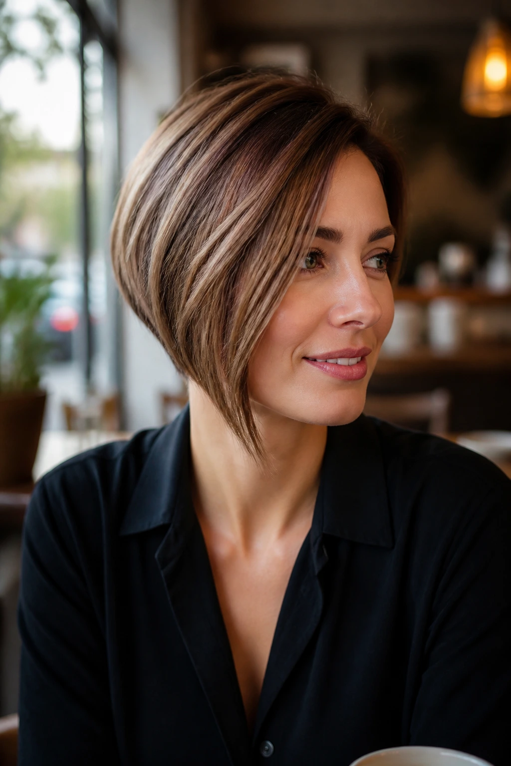 Real woman with asymmetrical stacked bob in cafe daylight