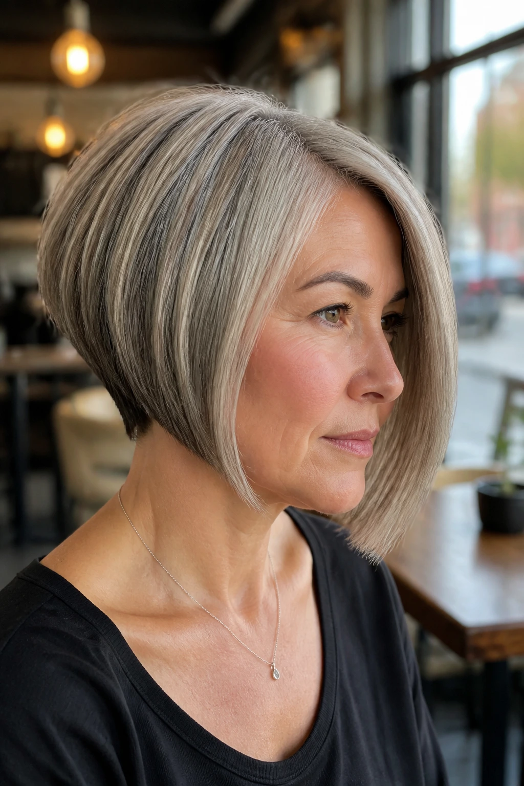 Close-up portrait of a real woman with asymmetrical stacked bob