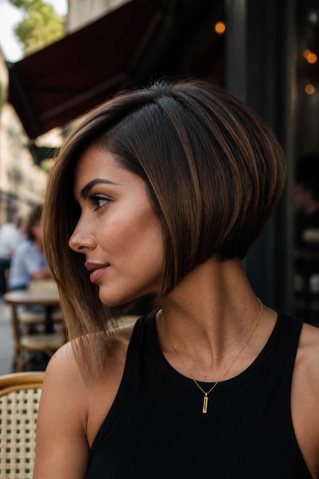 Portrait of a woman with an asymmetrical stacked bob