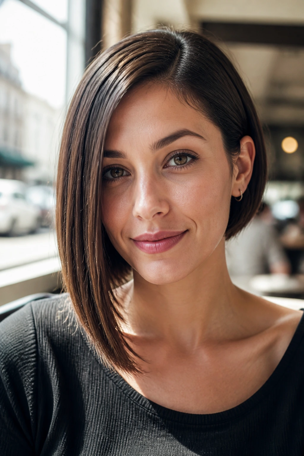 Close-up portrait of a woman with an asymmetrical straight bob